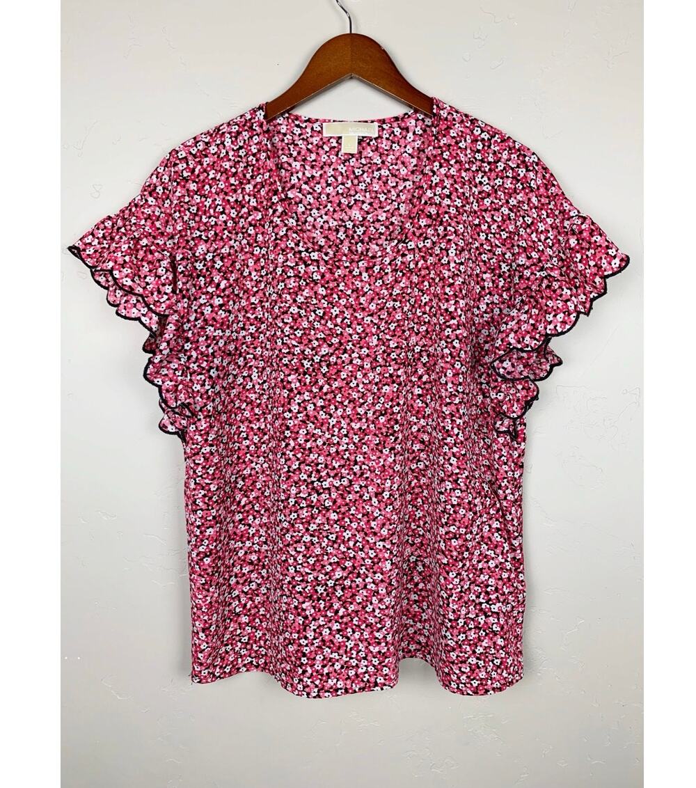 Michael Michael Kors Blouse Short Sleeve Pink Floral Top Women's L
